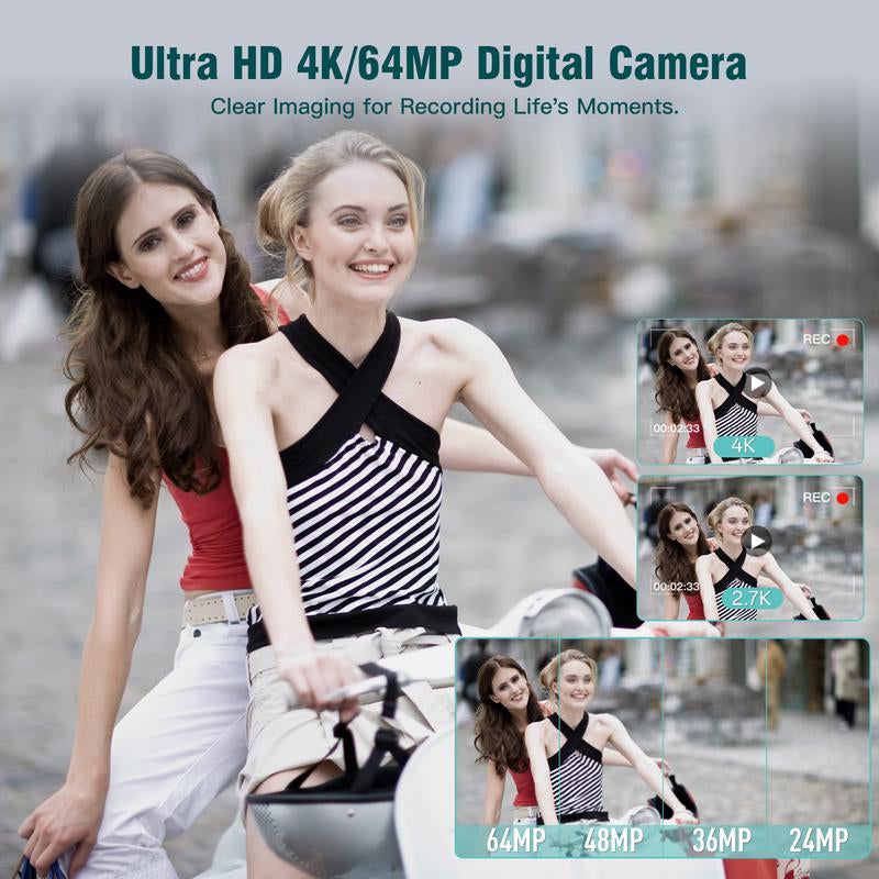 Compact Portable 4K Digital Camera, Travel 4K Digital Camera Pocket, Digital Cameras Autofocus Vlogging Anti-Shake 18X Zoom 64MP 8 Modes 2.8" HD LCD Charger 32GB Card Reader, Pink