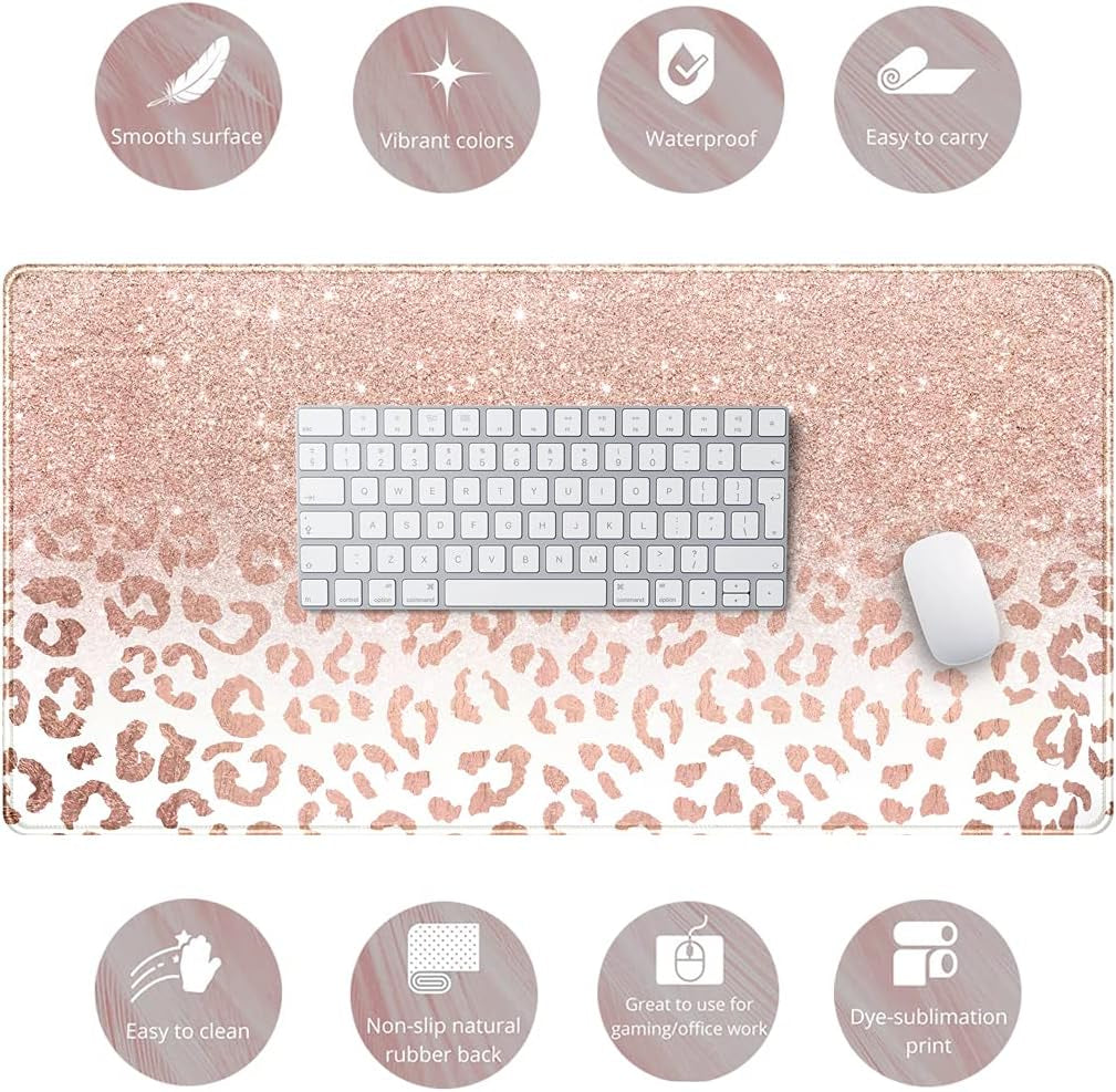 Chic Pink Rose Gold Leopard Print XXL Desk Mat - Trendy Non-Slip Mouse Pad for Women, 31.5x15.75 Inches with Durable Stitched Edges