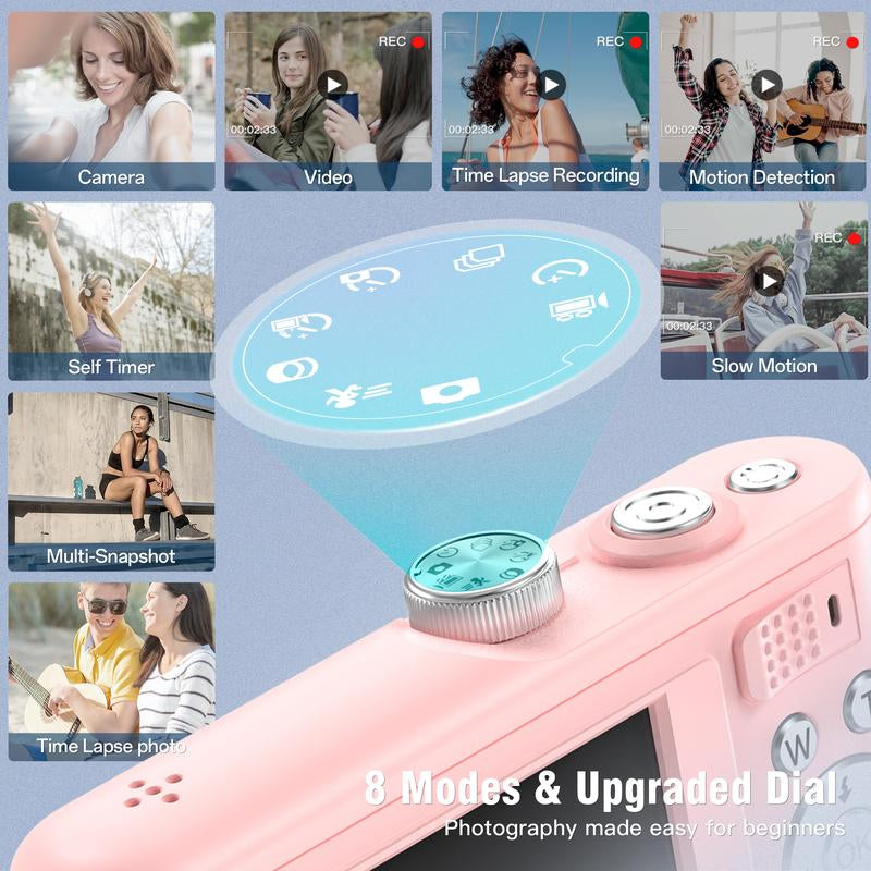 Compact Portable 4K Digital Camera, Travel 4K Digital Camera Pocket, Digital Cameras Autofocus Vlogging Anti-Shake 18X Zoom 64MP 8 Modes 2.8" HD LCD Charger 32GB Card Reader, Pink