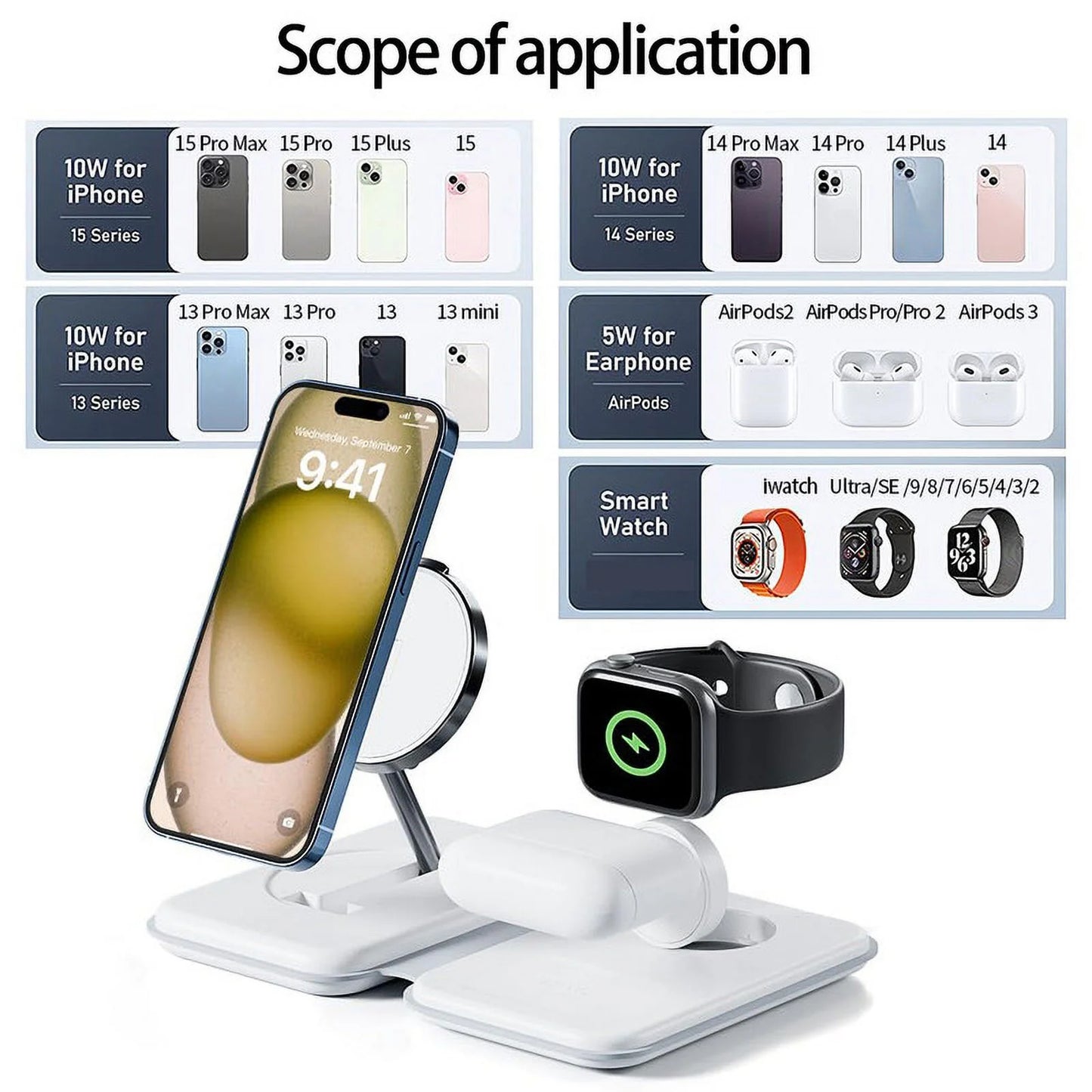 3-in-1 Wireless Charging Station Stand - Magnetic Foldable Charger for iPhone 15/14/13, AirPods Pro/3/2, and Apple Watch 2-9/SE/Ultra