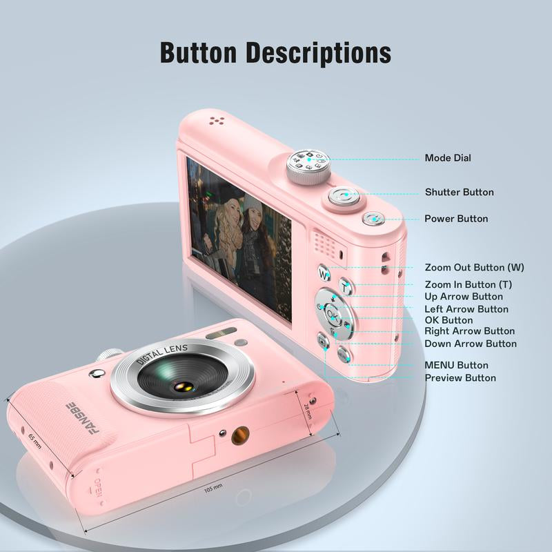 Compact Portable 4K Digital Camera, Travel 4K Digital Camera Pocket, Digital Cameras Autofocus Vlogging Anti-Shake 18X Zoom 64MP 8 Modes 2.8" HD LCD Charger 32GB Card Reader, Pink