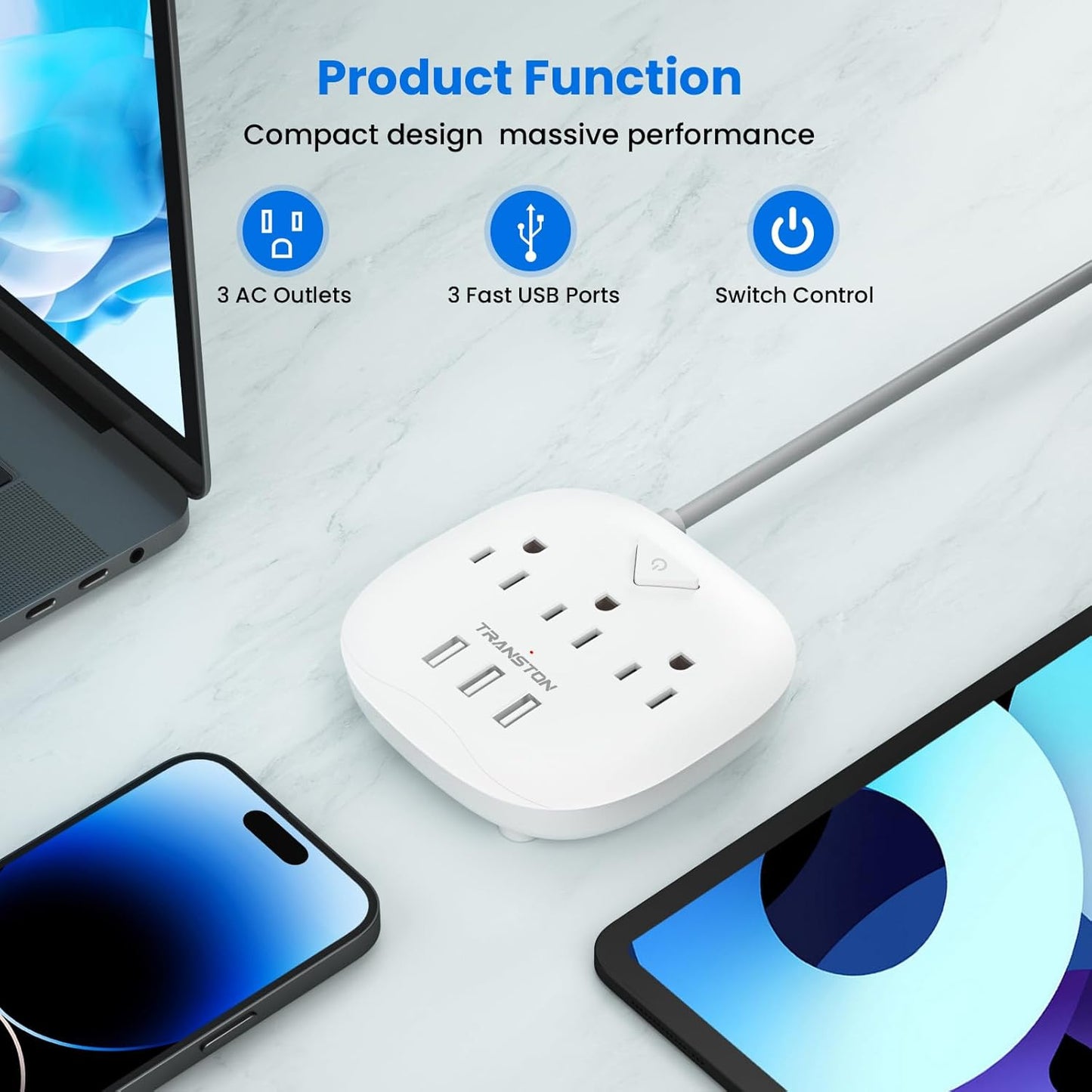 Sleek Smart Power Strip with 3 Outlets & 3 USB Ports - 5 Ft Extension Cord, Perfect for Home, Office & Travel