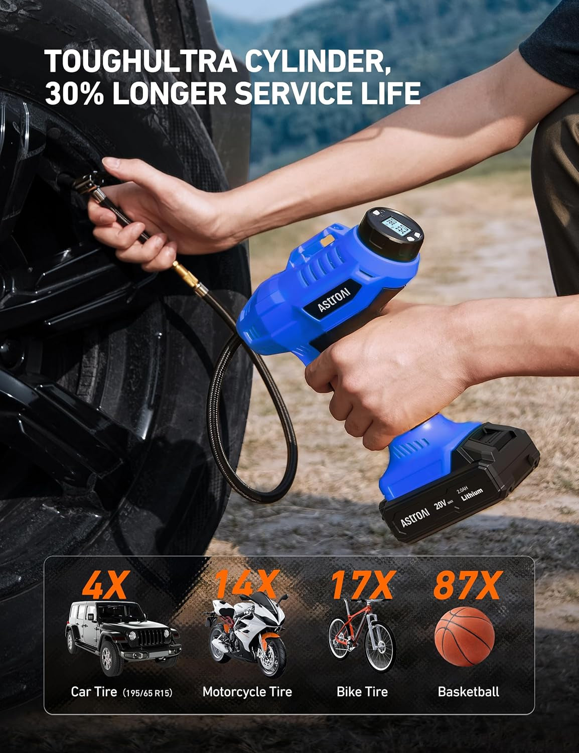 Astroai C2 Cordless 20V Tire Inflator - Portable 160PSI Air Compressor with Rechargeable Battery & 12V Car Adapter, Perfect for Cars and Motorcycles - Compact Handheld Design with Digital Pressure Gauge - Sleek Blue Finish