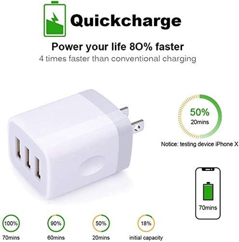 Sicodo 3-Pack Fast Charging USB Wall Charger Adapter - 3.1A Power for iPhone, Samsung Galaxy, and Google Devices