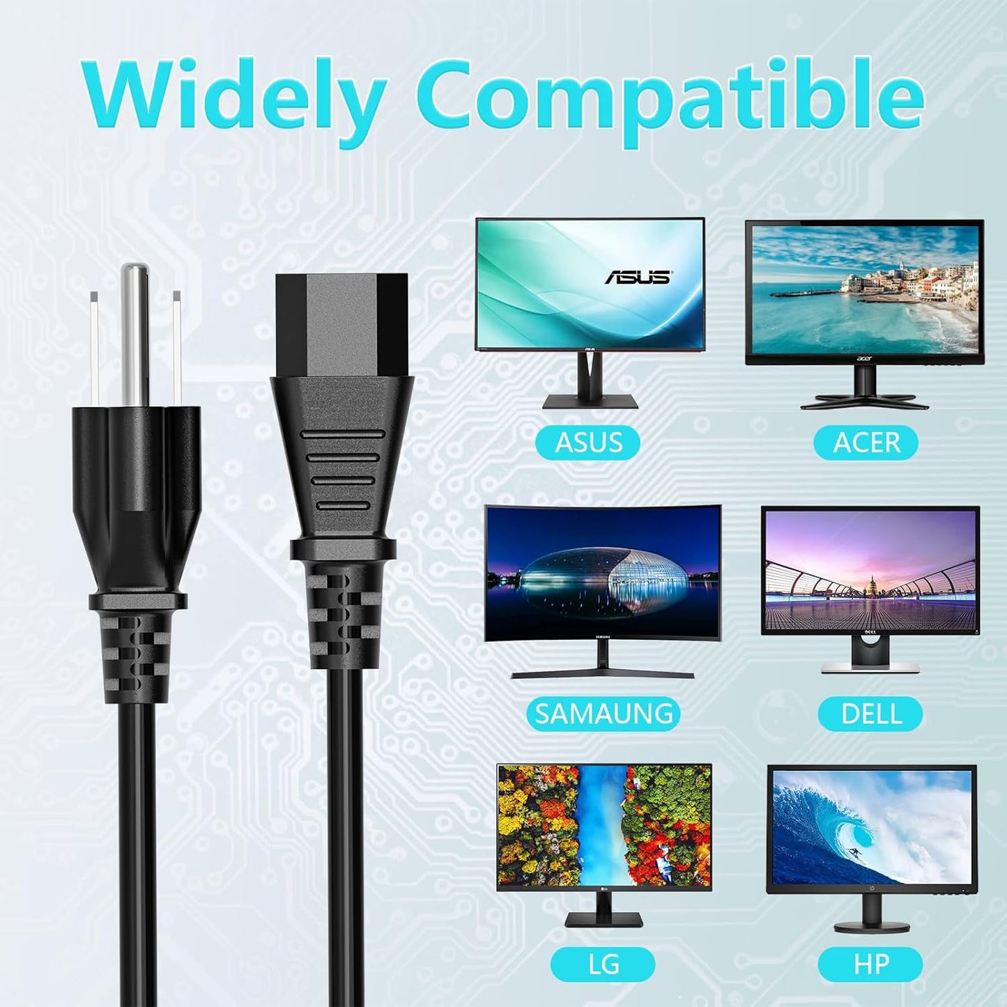 10FT 18 AWG Power Cable - NEMA 5-15P to IEC320C13 Replacement Cord for Computer Monitors & TVs - Durable 3 Prong Design