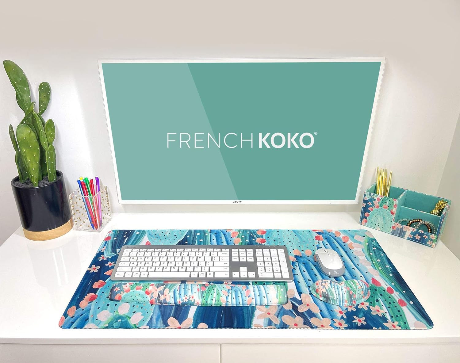 Chic French Koko XL Mouse Pad - Stylish Extended Desk Mat in Adorable Pink & Green Cactus Design for Home, School, and Office - Perfect Gift for Women and Girls