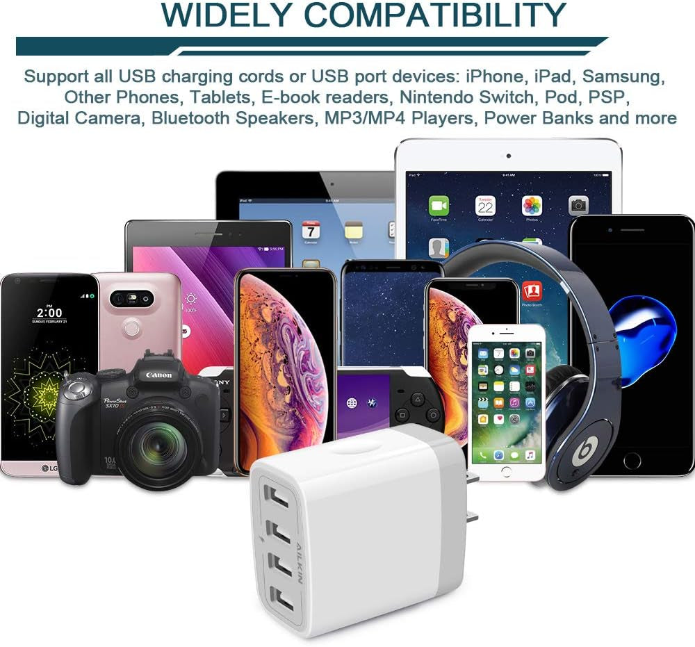 AILKIN 2-Pack High-Speed 4.8A Multi-Port USB Wall Charger - Compatible with iPhone, Samsung, LG & More!