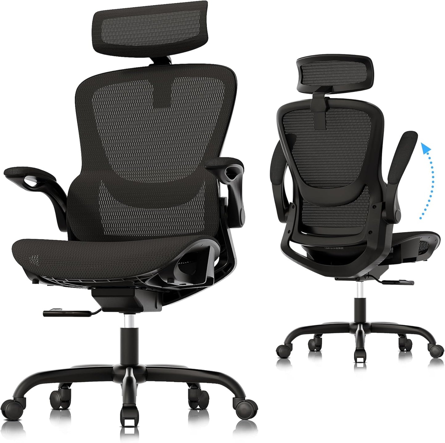 GABRYLLY Adjustable Ergonomic Mesh Office Chair with Folding Armrest & 2D Headrest - Comfortable Black Swivel Task Chair for Home, Office, Business & Student (GY1108)