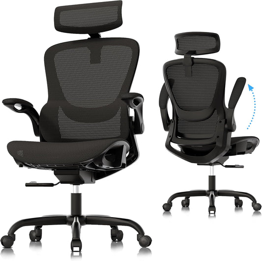 GABRYLLY Adjustable Ergonomic Mesh Office Chair with Folding Armrest & 2D Headrest - Comfortable Black Swivel Task Chair for Home, Office, Business & Student (GY1108)