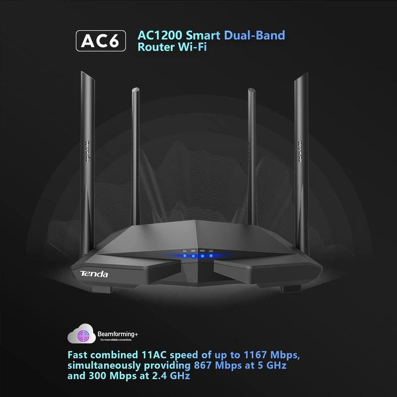 Tenda AC1200 Smart Wifi Gaming Router, High Speed Dual Band Wireless Internet Router for Home with Smart APP, 4 X 100 Mbps Fast Ethernet Ports, Easy Setup -Supports Guest Wifi, Access Point Mode, Ipv6 and Parental Controls(Ac6)