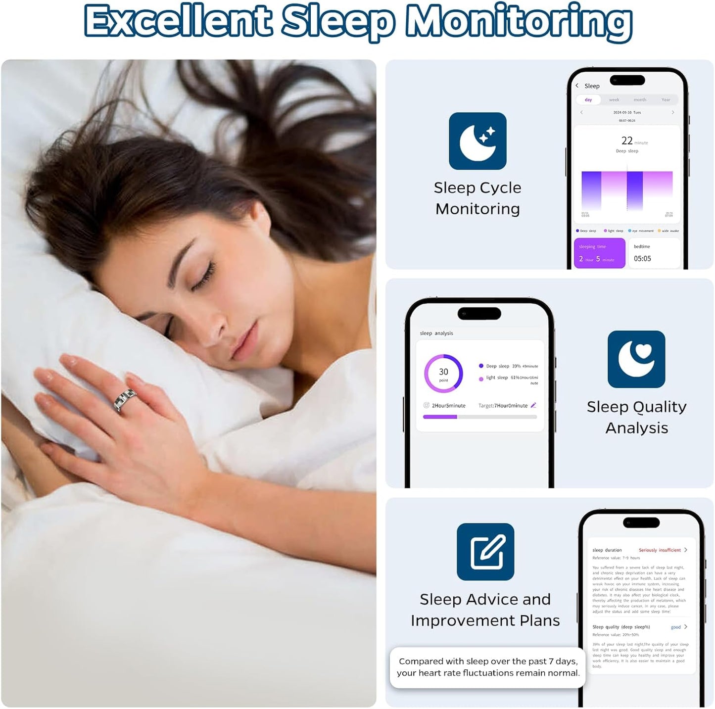 Stylish Silver Smart Ring Health & Sleep Tracker - Waterproof Fitness Ring with Heart Rate Monitor, Activity Tracking, Air Gestures, and 7-Day Battery for iOS & Android