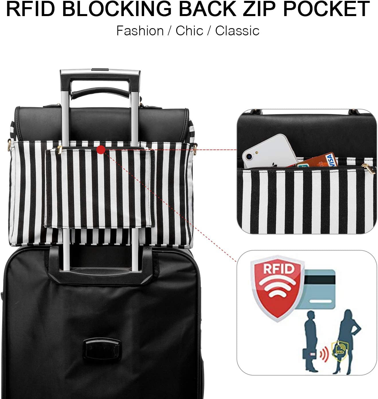 Stylish 14-Inch Laptop Messenger Bag for Women - Black Stripe Computer Case for Work and College