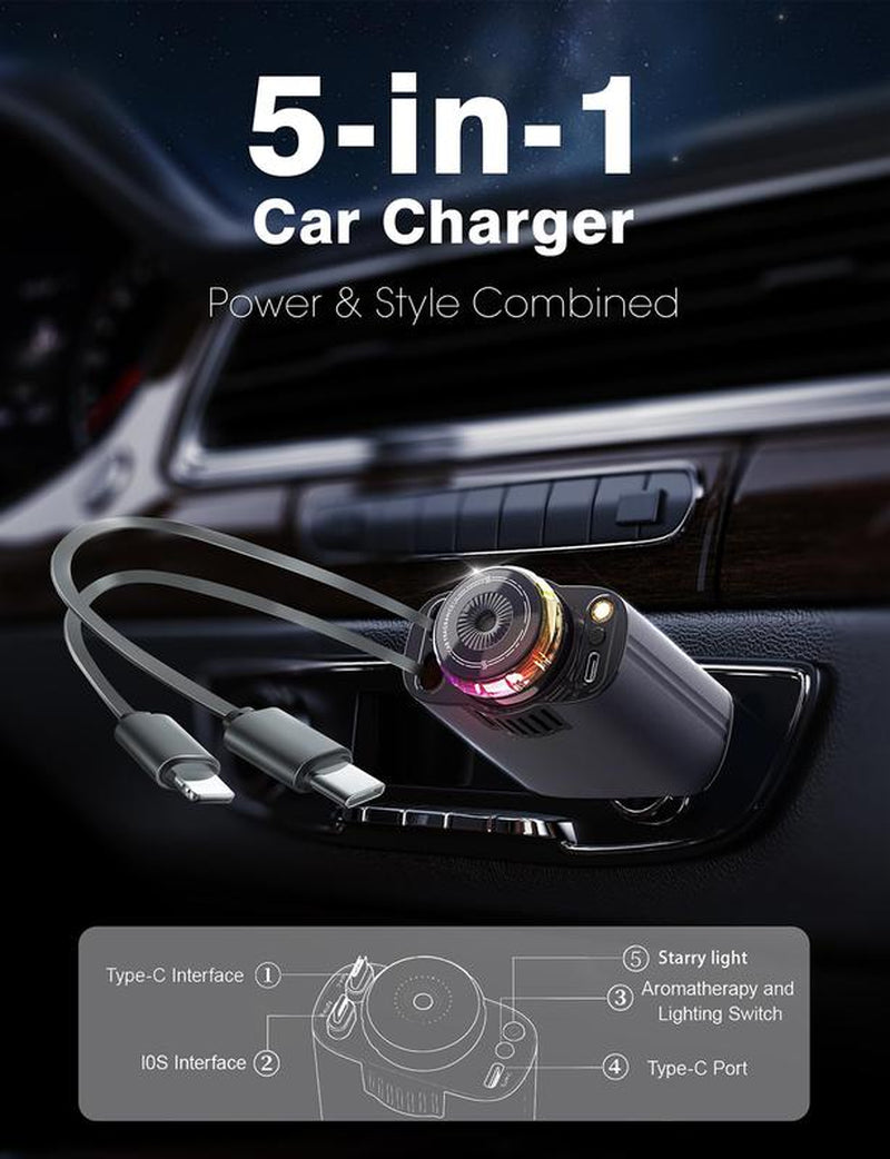 Retractable Car Charger USB C Fast Charging 120W, Caraccessories Cigarette Lighter Adapter with Aromatherapystarlight/Air Freshener , Car Charger Iphone16 15 14 13 12 11 Essentials Giftfor Travelers, Men, Women