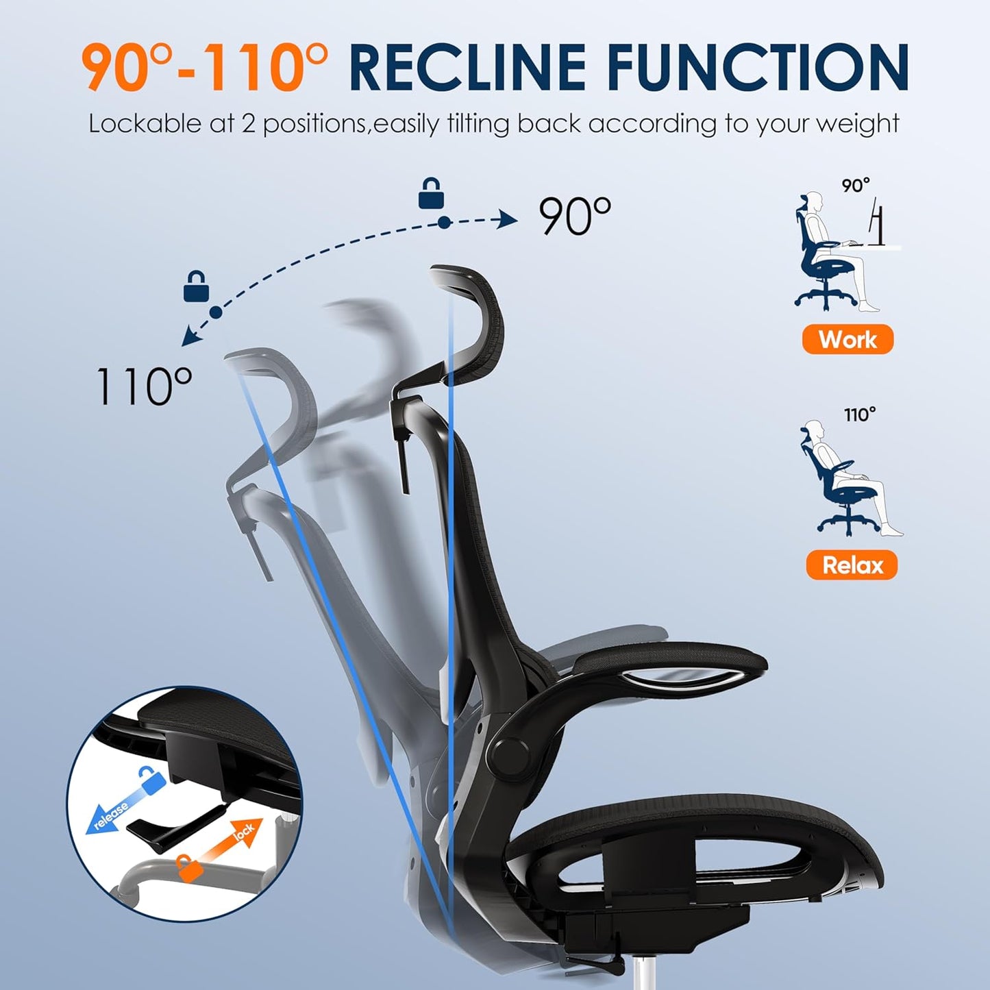 GABRYLLY Adjustable Ergonomic Mesh Office Chair with Folding Armrest & 2D Headrest - Comfortable Black Swivel Task Chair for Home, Office, Business & Student (GY1108)