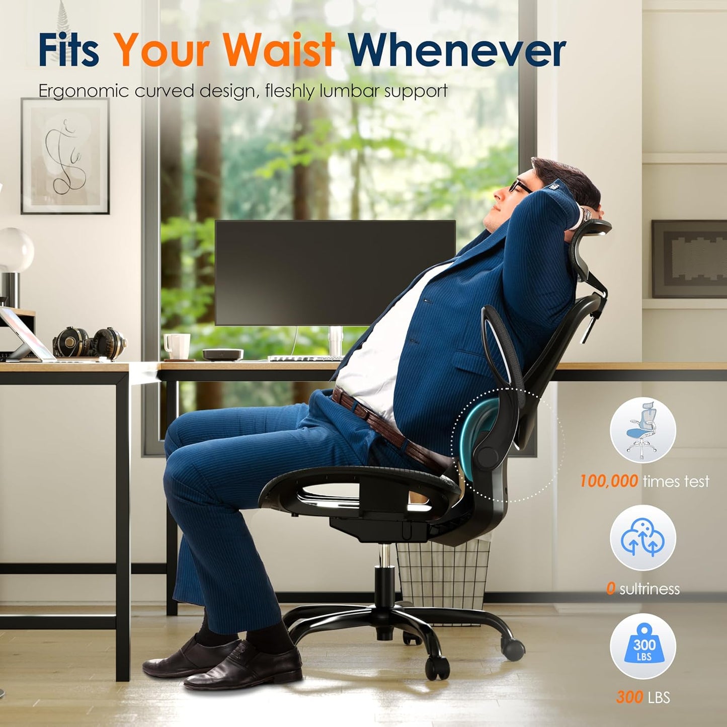 GABRYLLY Adjustable Ergonomic Mesh Office Chair with Folding Armrest & 2D Headrest - Comfortable Black Swivel Task Chair for Home, Office, Business & Student (GY1108)