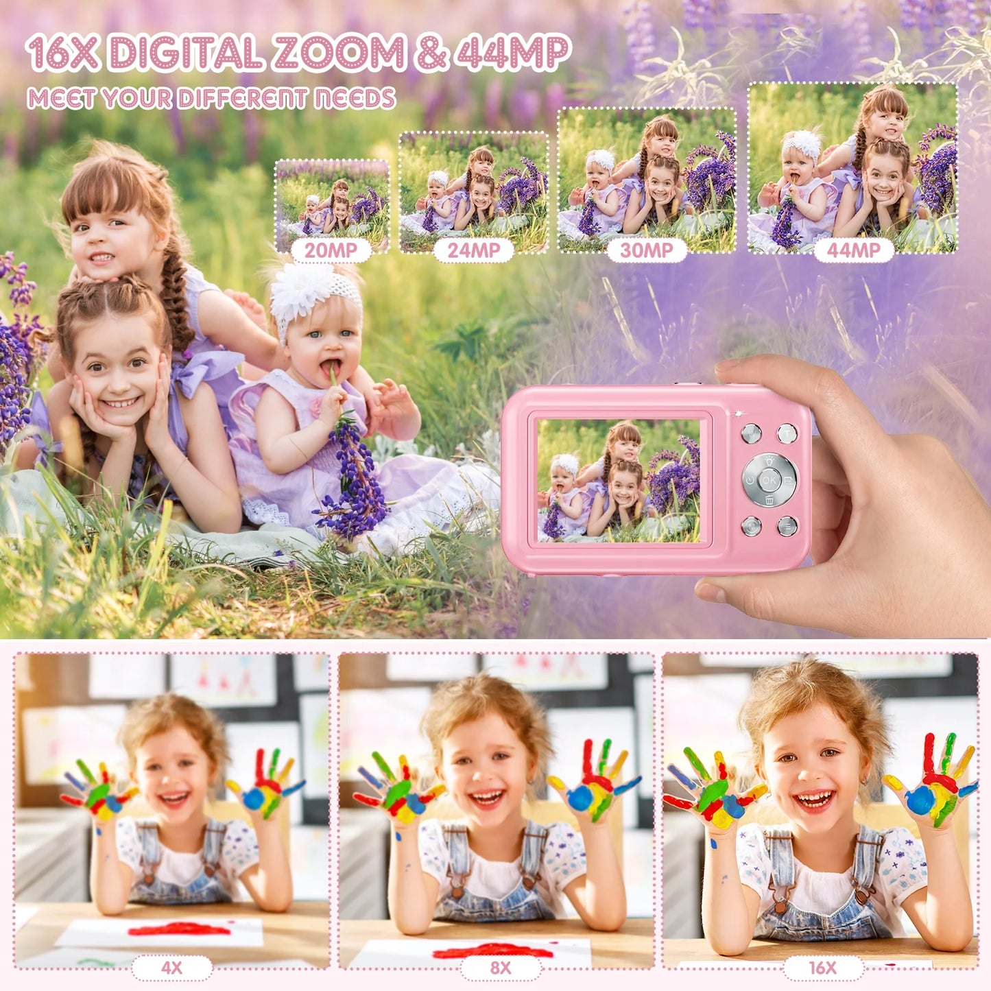 Digital Camera Kids Camera with 32GB Card FHD 1080P 44MP Vlogging Camera 16X Digital Zoom Portable Camera (Pink)