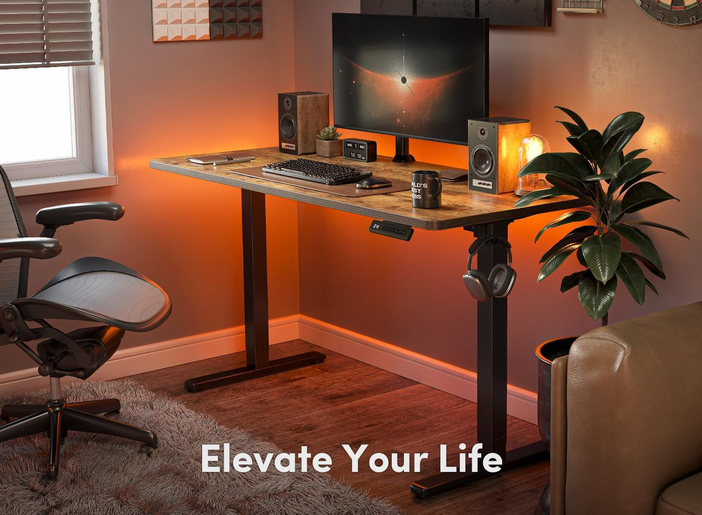 FEZIBO Height Adjustable Electric Standing Desk - 48x24 Inches Rustic Brown Sit-Stand Home Office Solution