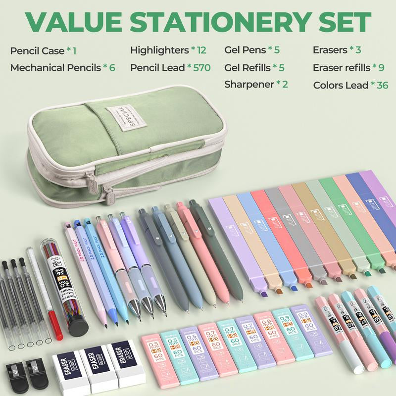 Nicpro 50 Pack Aesthetic School Supplies with Pen Case, 5 Quick Dry Retractable Black Ink Pens, 12 Pastel Highlighters, 6 Pastel Mechanical Pencil Set 0.5 & 0.7 & 0.9 & 2.0 Mm for Students Stationary