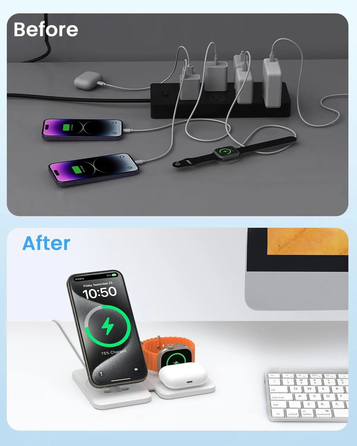 3-in-1 Wireless Charging Station Stand - Magnetic Foldable Charger for iPhone 15/14/13, AirPods Pro/3/2, and Apple Watch 2-9/SE/Ultra