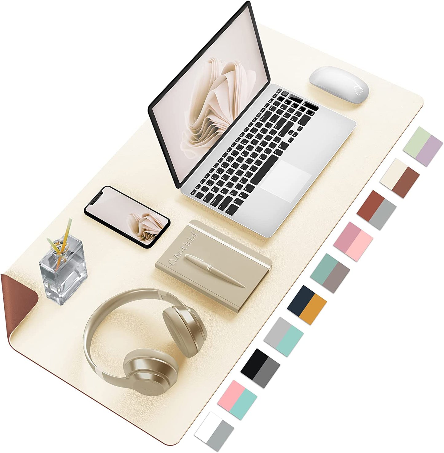 Aothia Extra Large Double-Sided PU Leather Desk Pad - Non-Slip Mouse Pad & Durable Desk Mat for Home/Office - Waterproof & Easy to Clean (31.5" X 15.7", Beige)