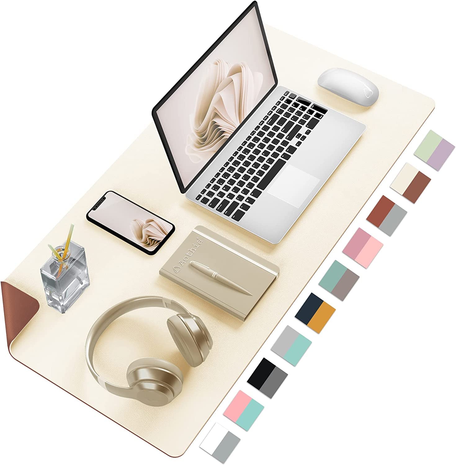 Aothia Extra Large Double-Sided PU Leather Desk Pad - Non-Slip Mouse Pad & Durable Desk Mat for Home/Office - Waterproof & Easy to Clean (31.5" X 15.7", Beige)