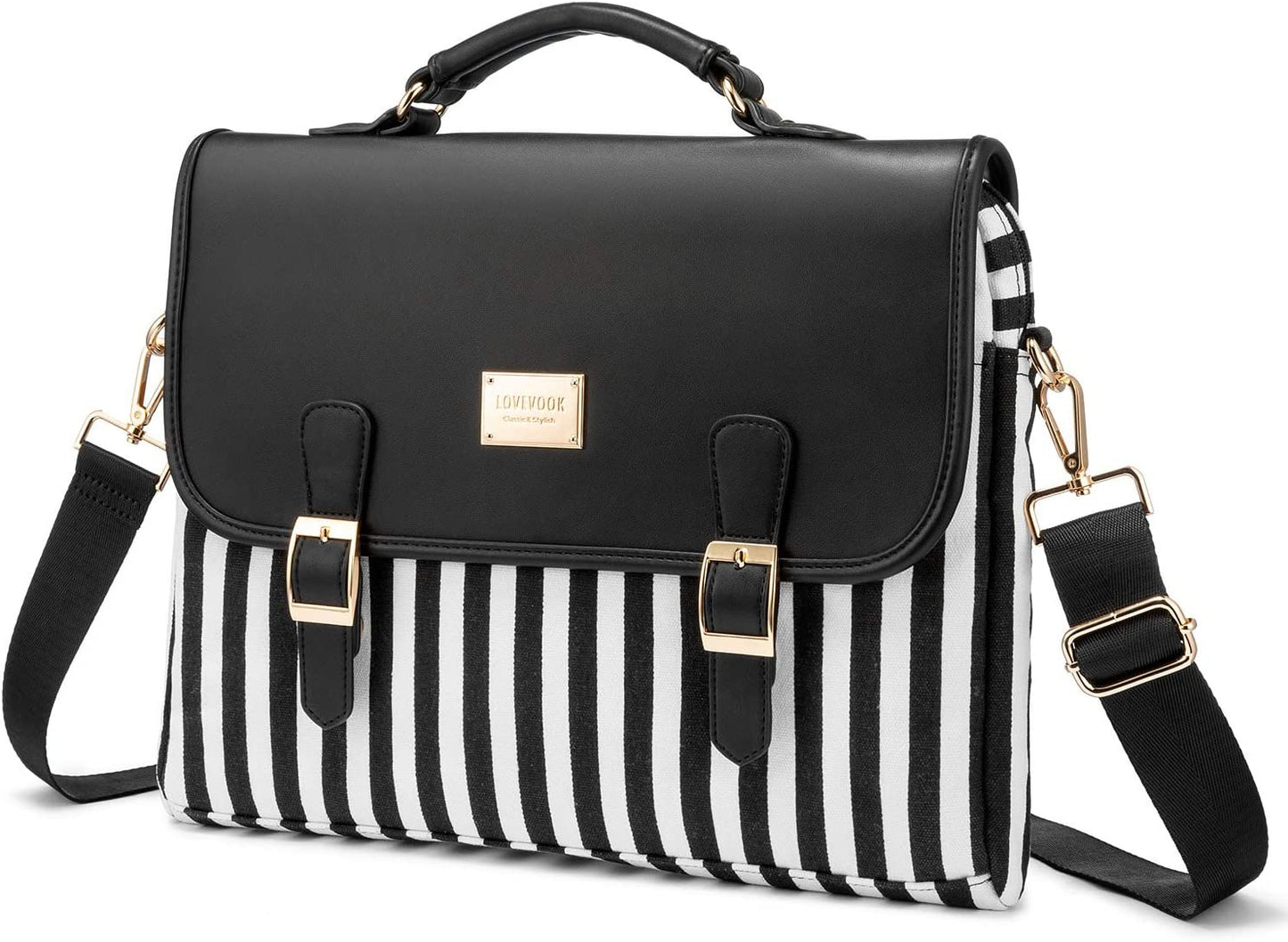 Stylish 14-Inch Laptop Messenger Bag for Women - Black Stripe Computer Case for Work and College