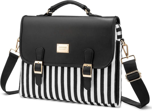 Stylish 14-Inch Laptop Messenger Bag for Women - Black Stripe Computer Case for Work and College