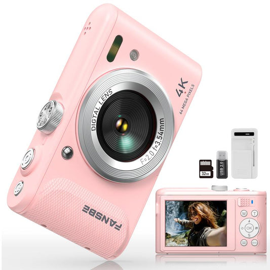 Compact Portable 4K Digital Camera, Travel 4K Digital Camera Pocket, Digital Cameras Autofocus Vlogging Anti-Shake 18X Zoom 64MP 8 Modes 2.8" HD LCD Charger 32GB Card Reader, Pink