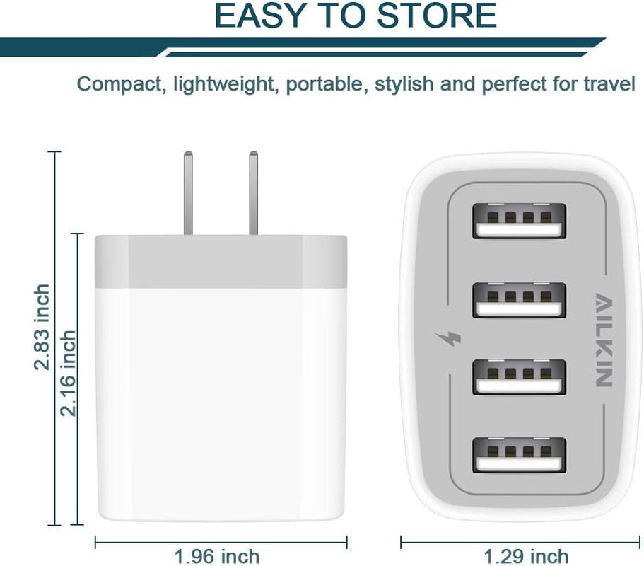 AILKIN 2-Pack High-Speed 4.8A Multi-Port USB Wall Charger - Compatible with iPhone, Samsung, LG & More!
