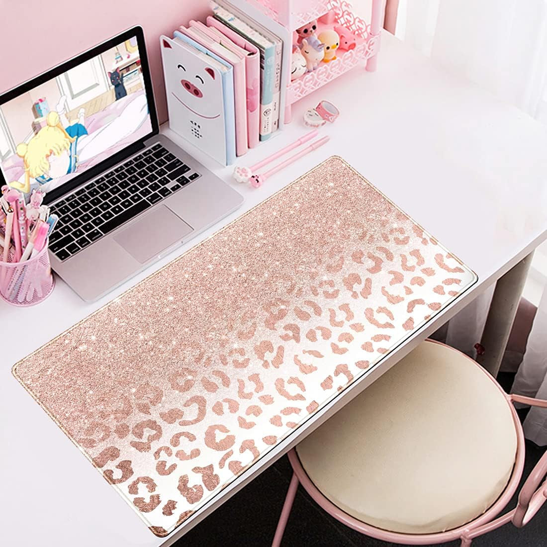 Chic Pink Rose Gold Leopard Print XXL Desk Mat - Trendy Non-Slip Mouse Pad for Women, 31.5x15.75 Inches with Durable Stitched Edges
