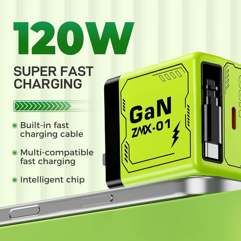 4 1 Charging Cable 120W Gan Charger Fast Charging,Retractable Phone Charger Wall Plug with Lightening and Type-C Cables,For Iphone16/15/14/13/12/11 Series, Galaxy S25 24,Android and More Smartphone Cellphone Electronic Chargers