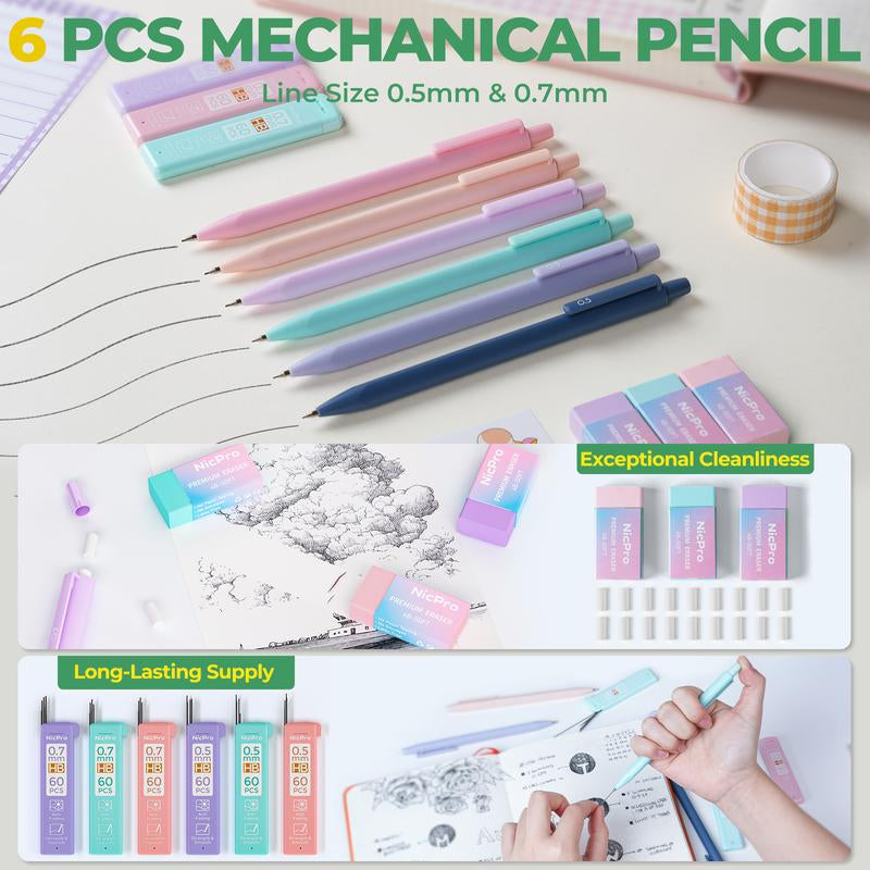 Nicpro 50 Pack Aesthetic School Supplies with Pen Case, 5 Quick Dry Retractable Black Ink Pens, 12 Pastel Highlighters, 6 Pastel Mechanical Pencil Set 0.5 & 0.7 & 0.9 & 2.0 Mm for Students Stationary