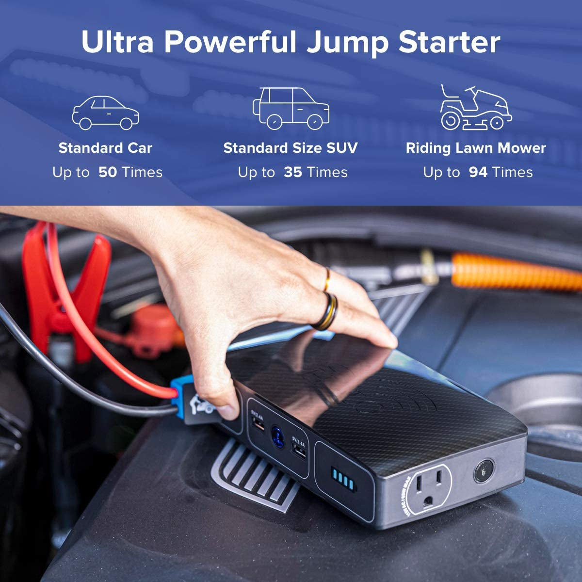HALO Bolt 44400mAh Wireless Power Bank - Portable Charger & Car Jump Starter for Laptops & Phones with AC Outlet - Stylish Blue Graphite Design