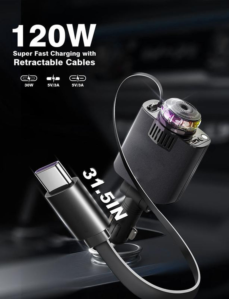 Retractable Car Charger USB C Fast Charging 120W, Caraccessories Cigarette Lighter Adapter with Aromatherapystarlight/Air Freshener , Car Charger Iphone16 15 14 13 12 11 Essentials Giftfor Travelers, Men, Women