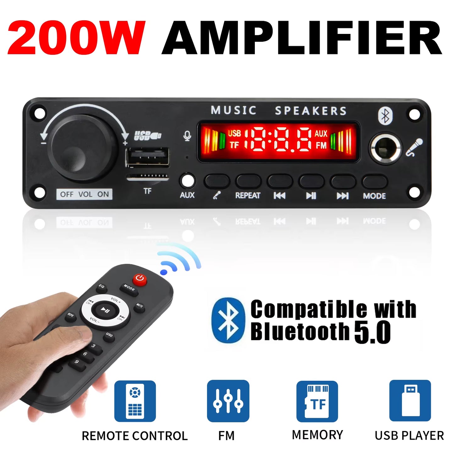 NEW 200W Amplifier Bluetooth DIY MP3 WAV Decoder Board DC 12V 100W Wireless Car USB MP3 Player TF Card Slot USB FM with Mic
