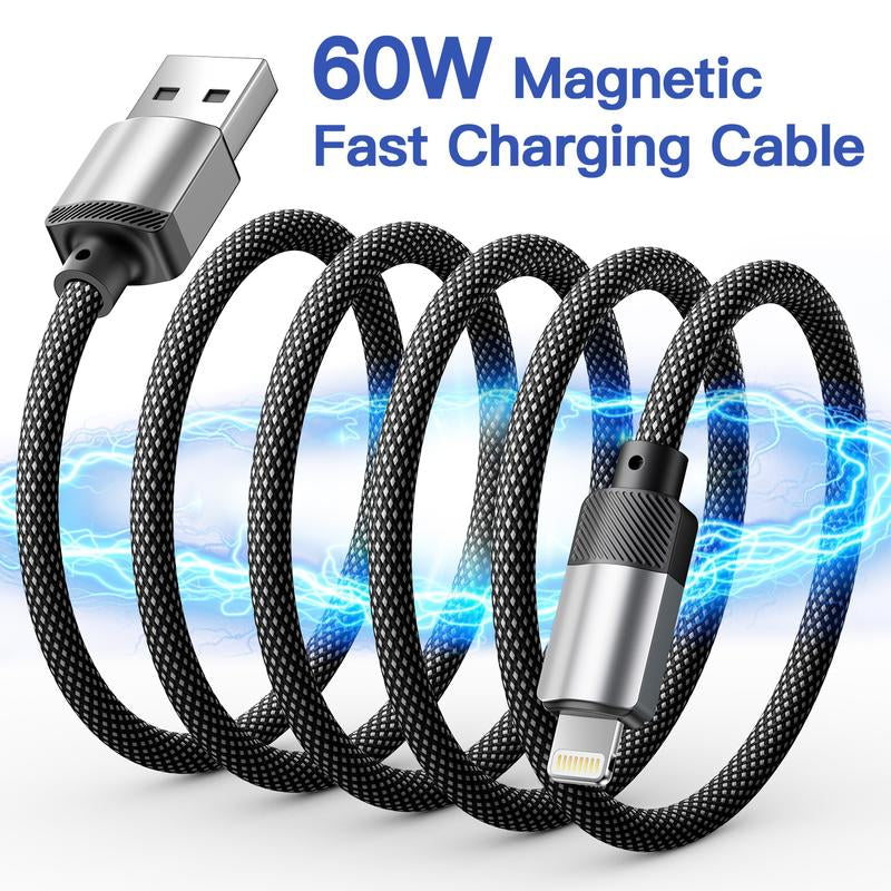 Fast Charge Magnetic Charging Cable with USB A, Type C, Lightning60W Fast Charging Anti-Tangle for Iphone 16/15, Ipad Pro, Samsung and Laptops