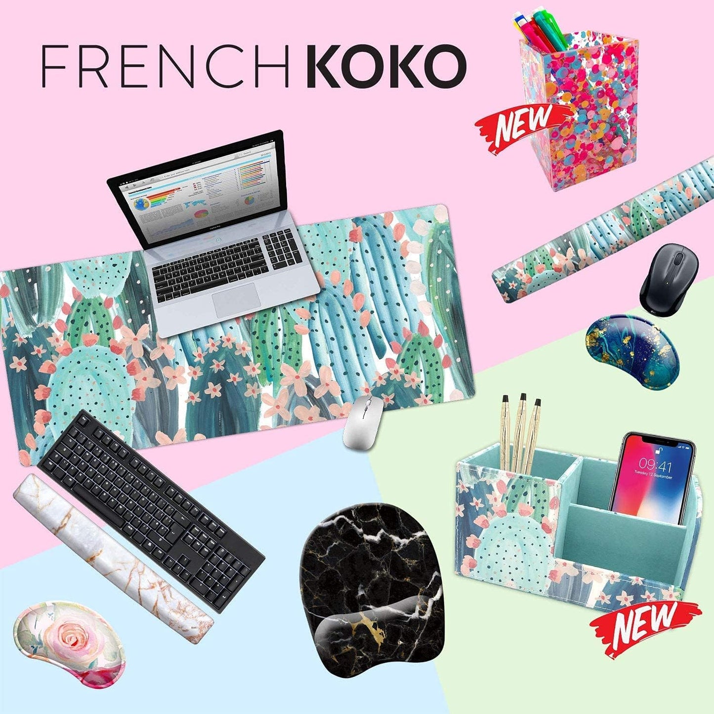 Chic French Koko XL Mouse Pad - Stylish Extended Desk Mat in Adorable Pink & Green Cactus Design for Home, School, and Office - Perfect Gift for Women and Girls
