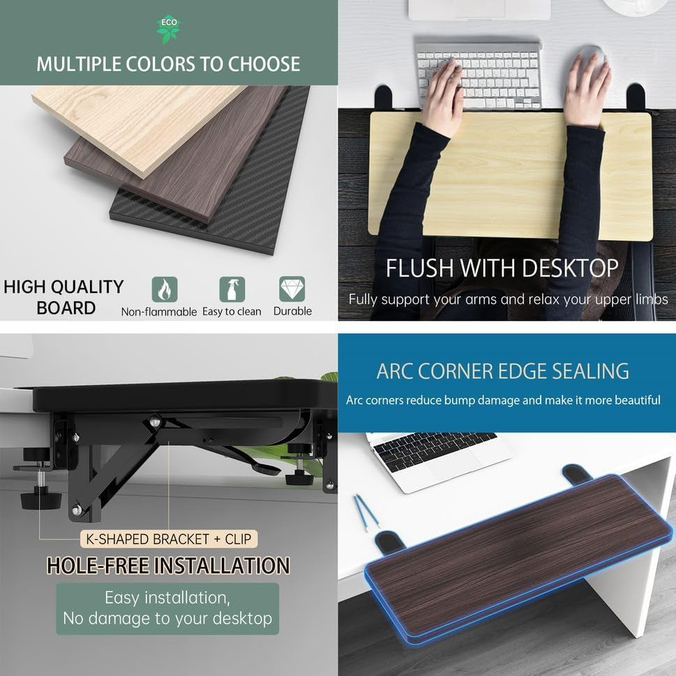 OUGIC Ergonomic Desk Extension Tray - 75x24cm Clamp-On Keyboard Drawer & Armrest Stand