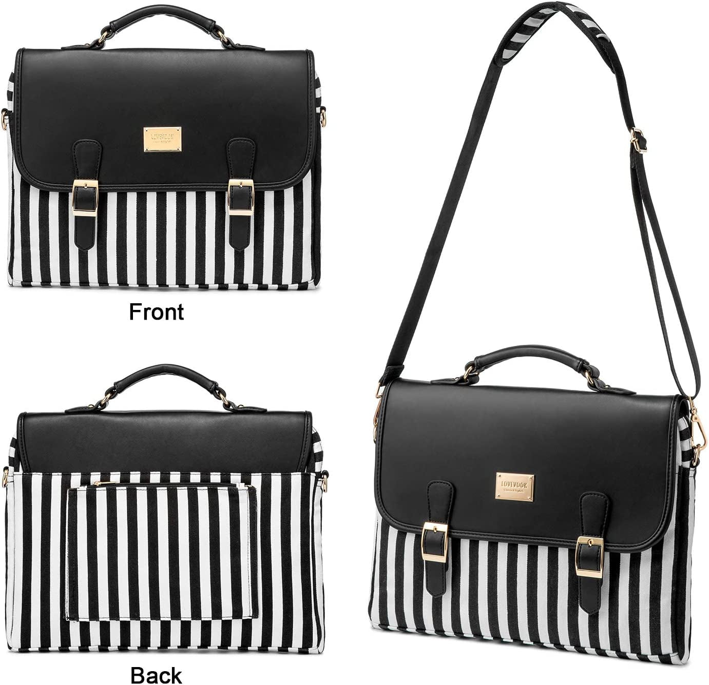 Stylish 14-Inch Laptop Messenger Bag for Women - Black Stripe Computer Case for Work and College
