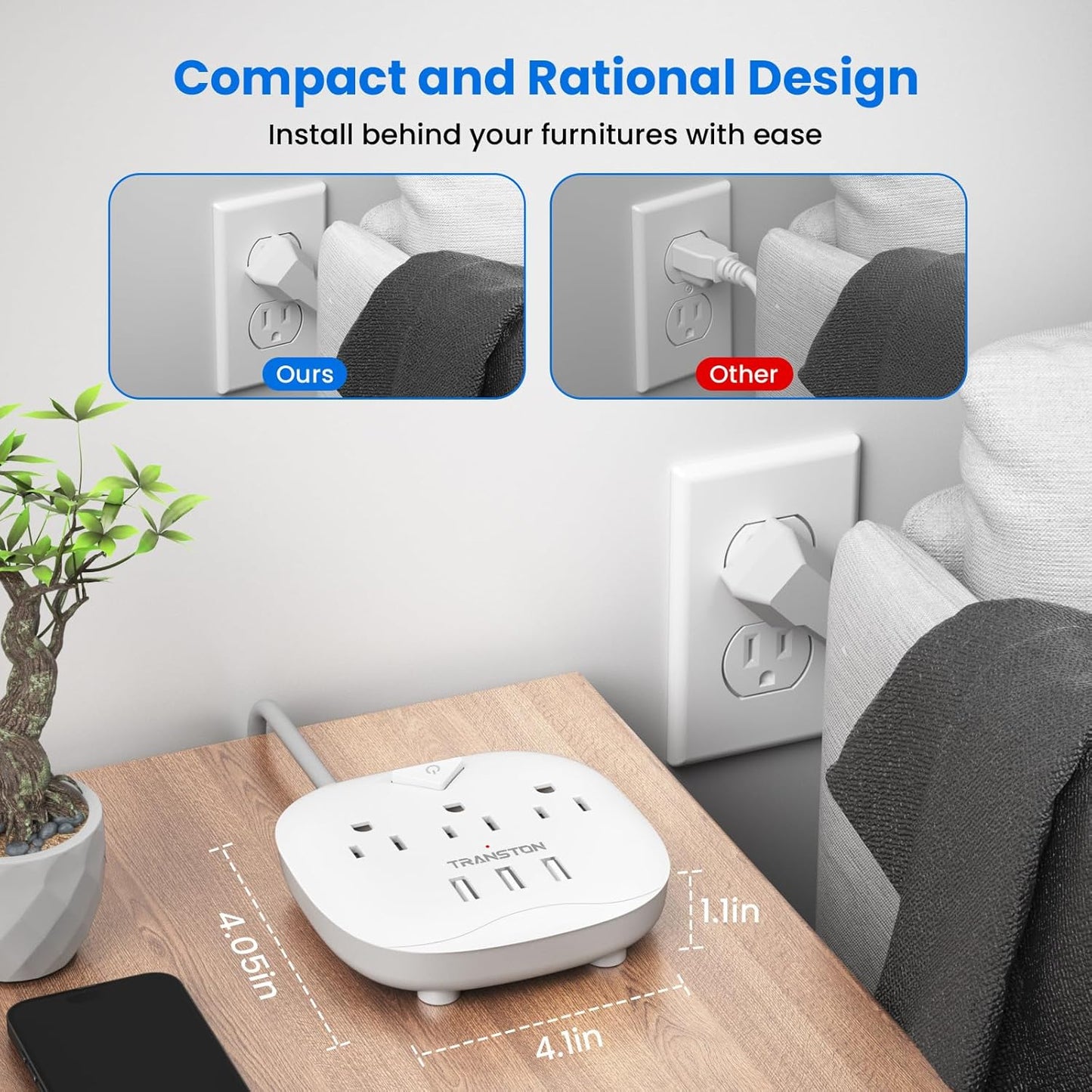 Sleek Smart Power Strip with 3 Outlets & 3 USB Ports - 5 Ft Extension Cord, Perfect for Home, Office & Travel
