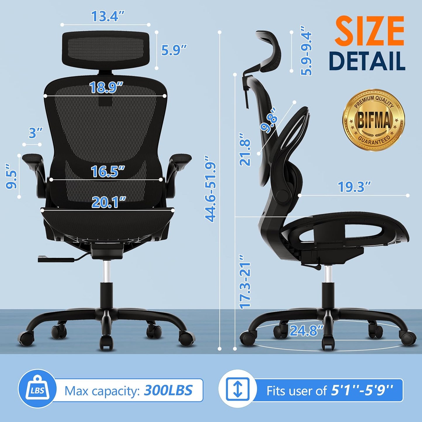 GABRYLLY Adjustable Ergonomic Mesh Office Chair with Folding Armrest & 2D Headrest - Comfortable Black Swivel Task Chair for Home, Office, Business & Student (GY1108)