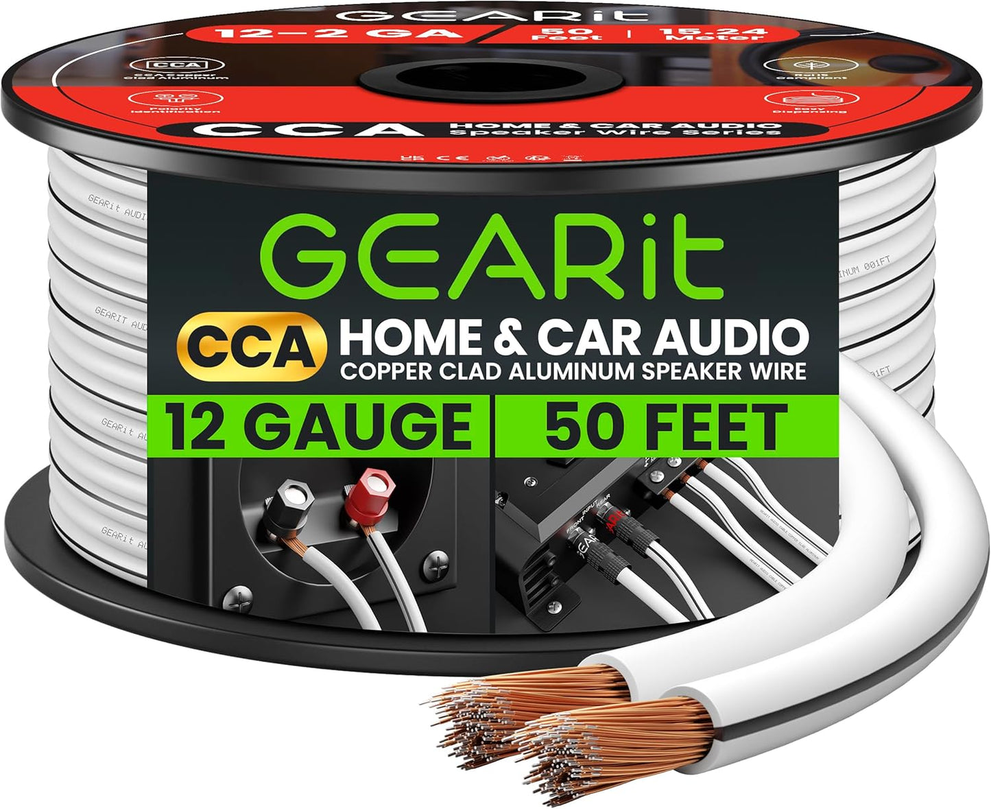 Gearit Pro Series 12 AWG Speaker Wire - 50 Feet of High-Quality Cable for Home Theater and Car Speakers - Premium White Design