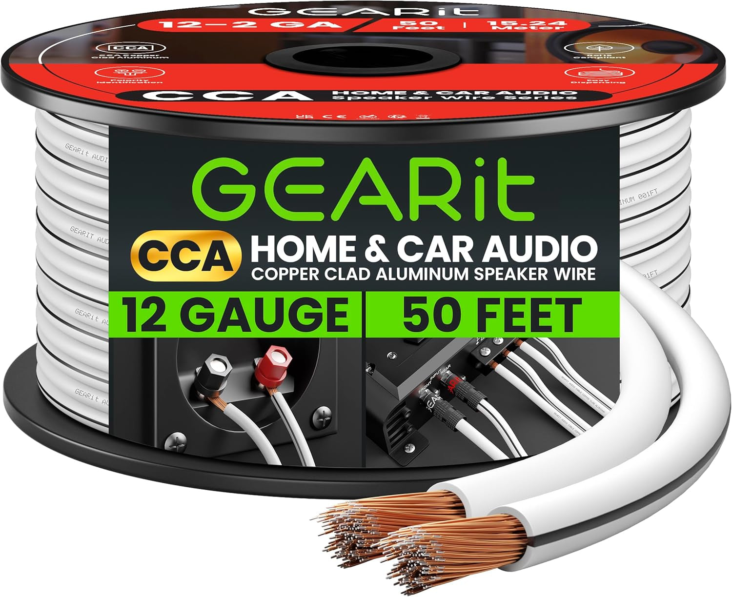 Gearit Pro Series 12 AWG Speaker Wire - 50 Feet of High-Quality Cable for Home Theater and Car Speakers - Premium White Design