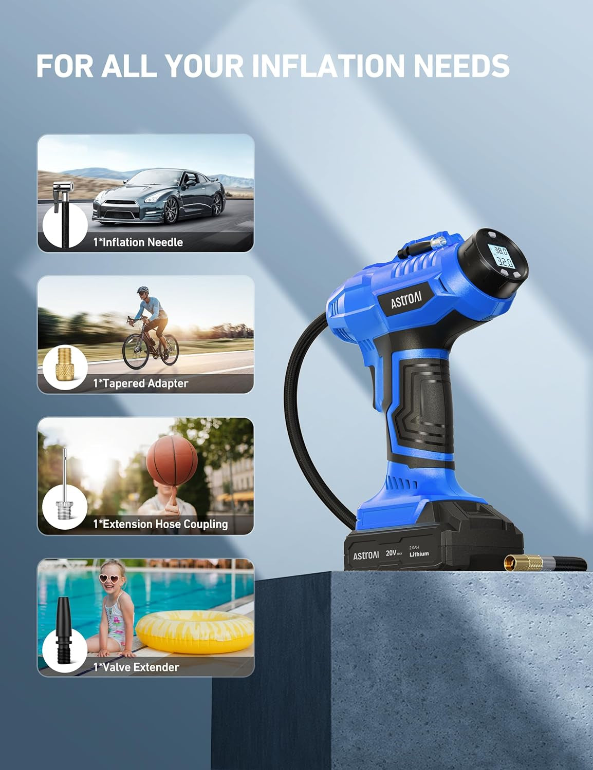 Astroai C2 Cordless 20V Tire Inflator - Portable 160PSI Air Compressor with Rechargeable Battery & 12V Car Adapter, Perfect for Cars and Motorcycles - Compact Handheld Design with Digital Pressure Gauge - Sleek Blue Finish