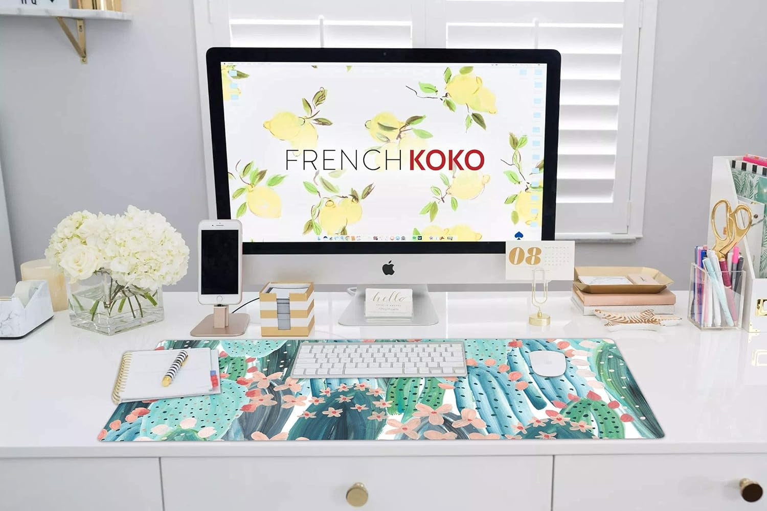 Chic French Koko XL Mouse Pad - Stylish Extended Desk Mat in Adorable Pink & Green Cactus Design for Home, School, and Office - Perfect Gift for Women and Girls