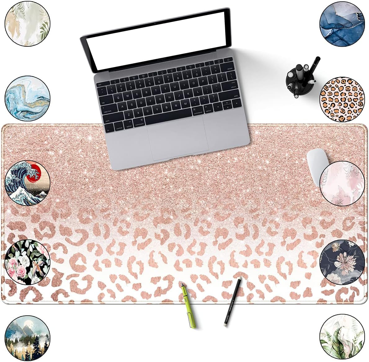 Chic Pink Rose Gold Leopard Print XXL Desk Mat - Trendy Non-Slip Mouse Pad for Women, 31.5x15.75 Inches with Durable Stitched Edges