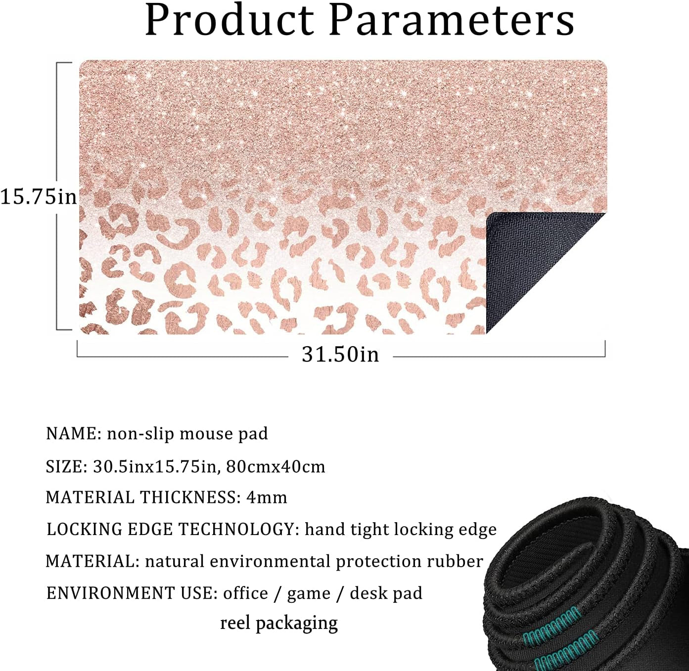 Chic Pink Rose Gold Leopard Print XXL Desk Mat - Trendy Non-Slip Mouse Pad for Women, 31.5x15.75 Inches with Durable Stitched Edges