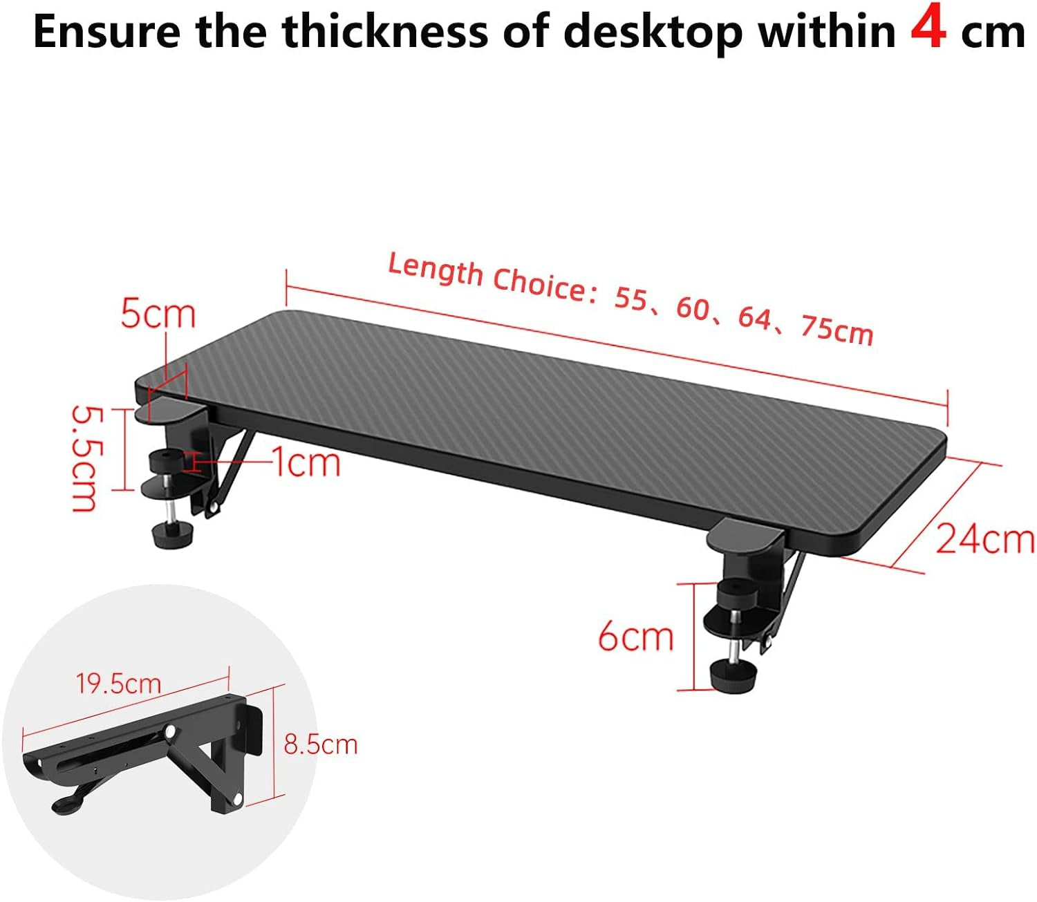 OUGIC Ergonomic Desk Extension Tray - 75x24cm Clamp-On Keyboard Drawer & Armrest Stand