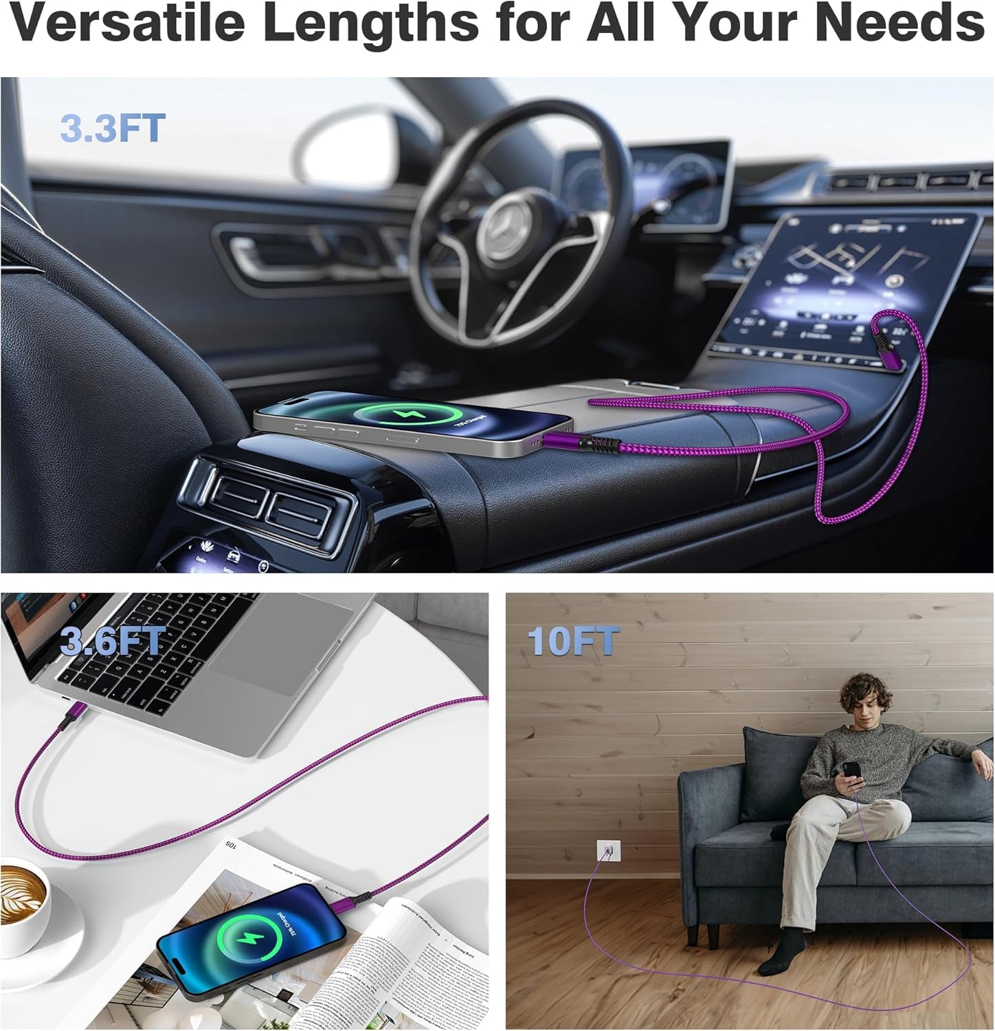 Ultimate 100W USB-C Charging Cable 3-Pack (3.3FT, 6.6FT, 10FT) – Fast Charge for iPhone 16 Pro Max, MacBook, iPad, AirPods, & Samsung Galaxy S25/S24/S23 Ultra