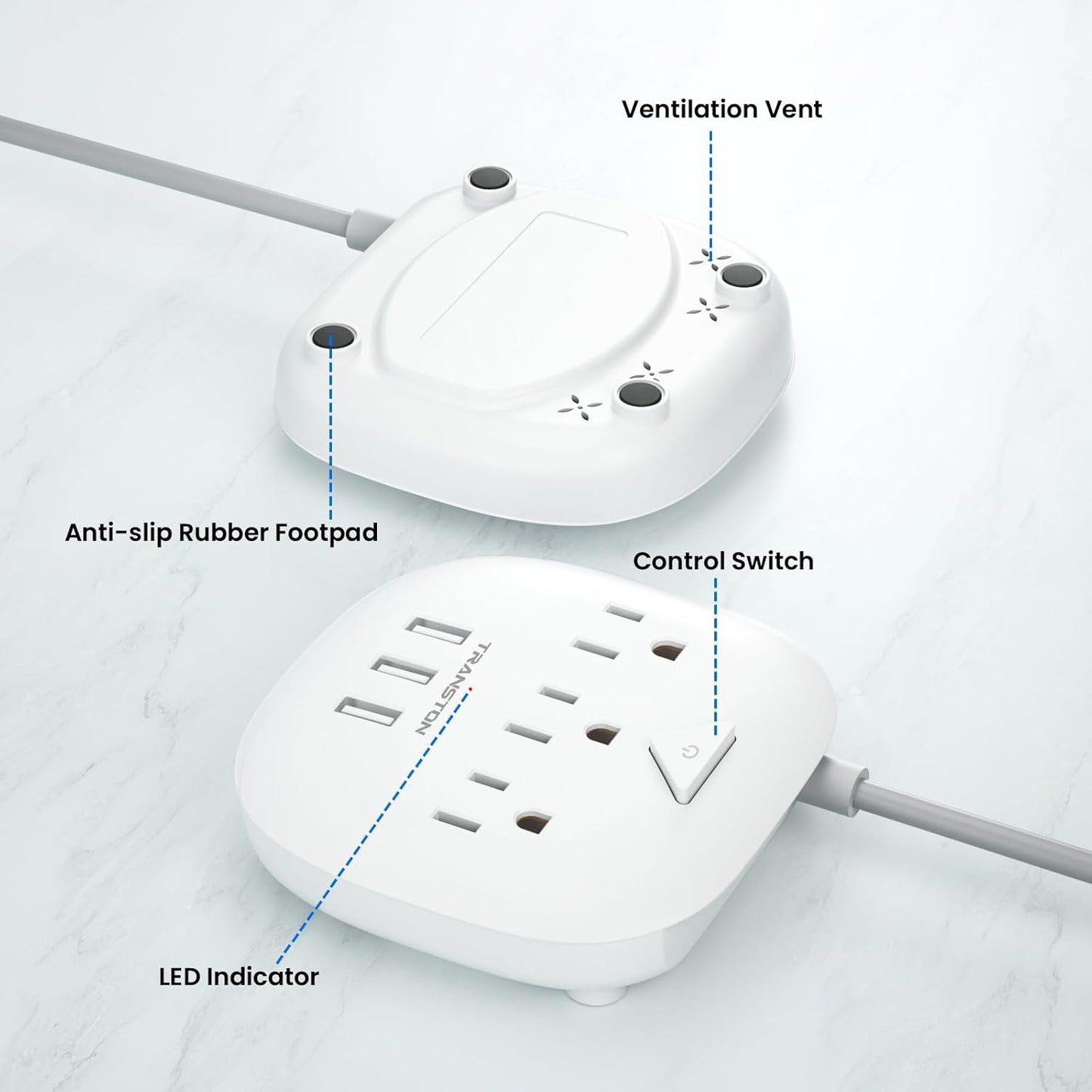 Sleek Smart Power Strip with 3 Outlets & 3 USB Ports - 5 Ft Extension Cord, Perfect for Home, Office & Travel